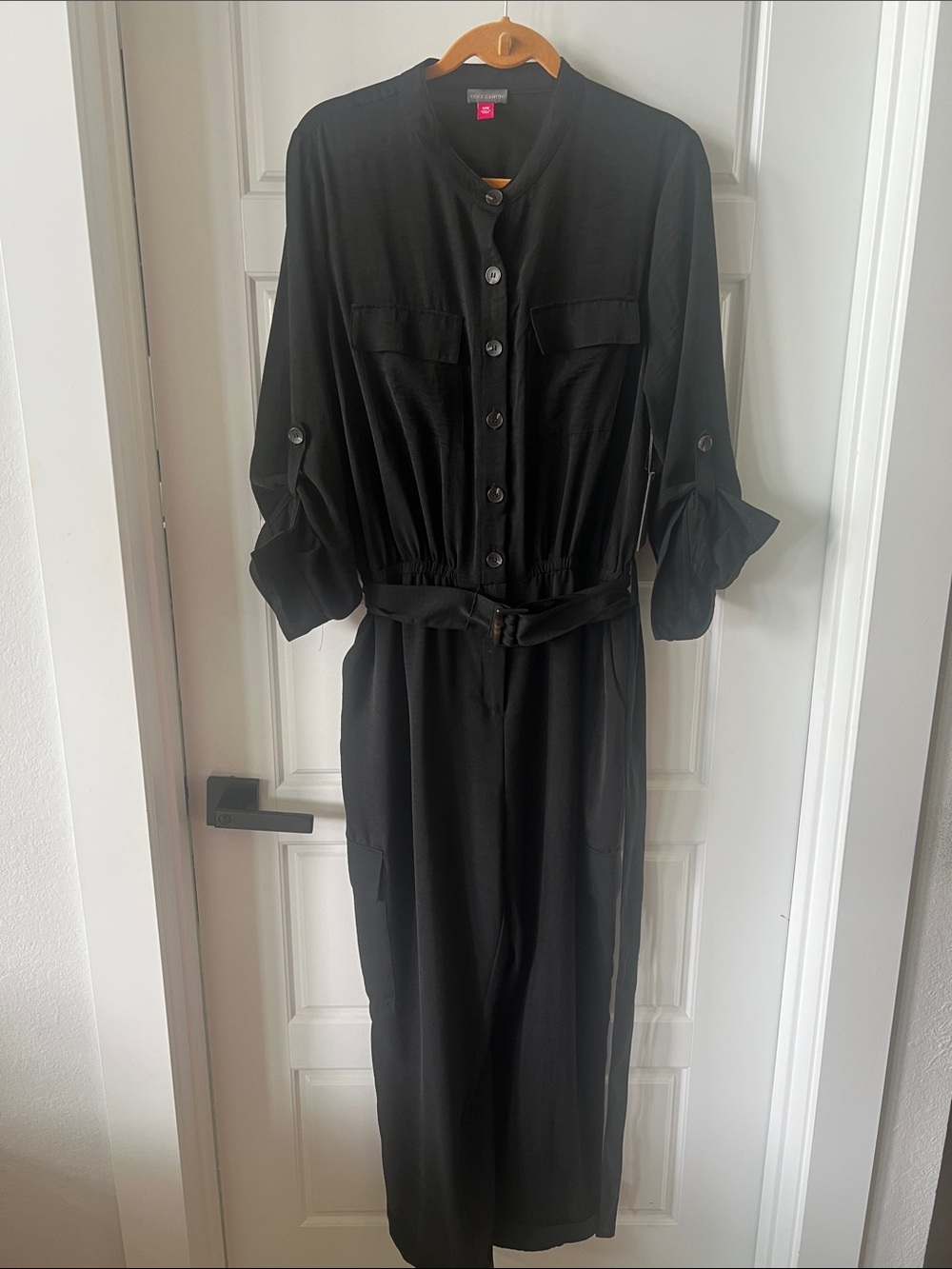 Vince Camuto Black Long-Sleeve Belted Button-Front Jumpsuit